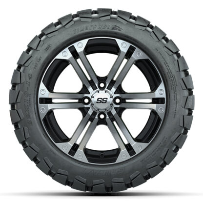 Sidewall view of 14" Specter GTW golf cart wheel mounted on 22" tall Timberwolf A/T tires, Item #A19-392.