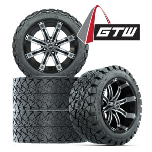 Save with a set of 4 22" tall golf cart wheels and tires - GTW Tempest Black/Machined 14" wheel mounted on 22x10R14 GTW Timberwolf A/T tires, Item #A19-398 with GTW logo.