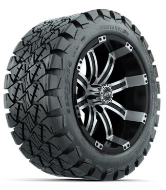 Angled view of 22" tall golf cart wheels and tires - GTW Tempest Black/Machined 14" wheel mounted on 22x10R14 GTW Timberwolf A/T tires, Item #A19-398.