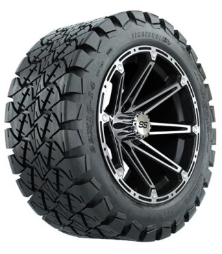 Angled view of the GTW Element machined black golf cart wheel paired with GTW Timberwolf DOT golf cart tired in 22x10-14 size, Item #A19-410.