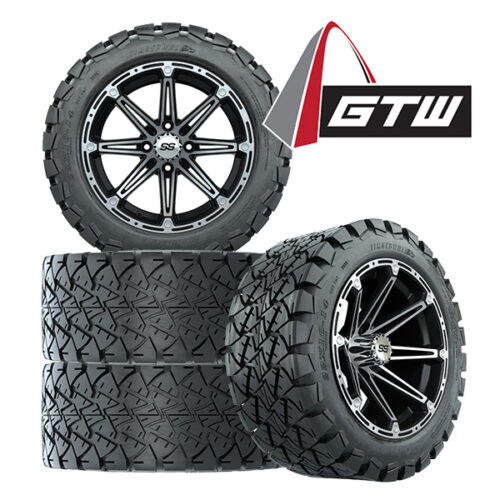 Buy a set of 4 and save: GTW Element machined black golf cart wheel paired with GTW Timberwolf DOT golf cart tired in 22x10-14 size, Item #A19-410 with logo.
