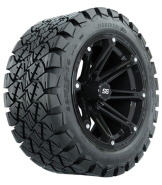 Angled view of the GTW Element matte black golf cart wheel paired with GTW Timberwolf DOT golf cart tired in 22x10-14 size, Item #A19-413.