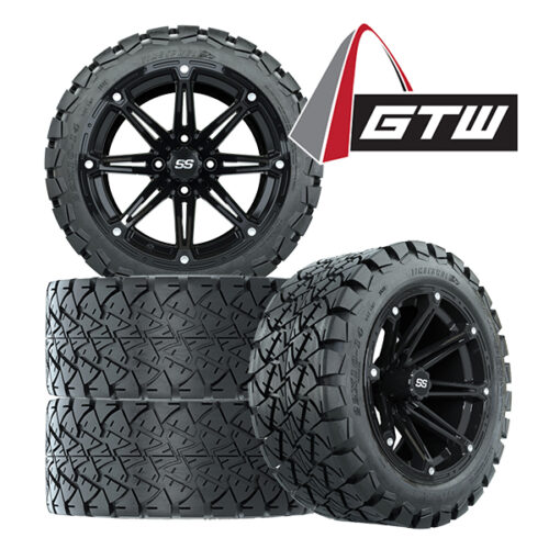 Save with a set of 4 22" tall golf cart wheels and tires - GTW Element Matte Black 14" wheel mounted on 22x10R14 GTW Timberwolf A/T tires, Item #A19-413 with GTW logo.