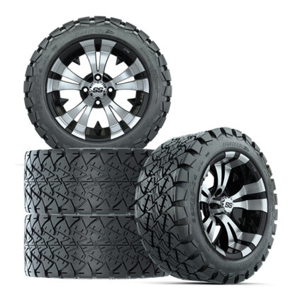 Set of four 22" tall golf cart wheels and tires - GTW Vampire Black/Machined 14" wheel mounted on 22x10R14 GTW Timberwolf A/T tires, Item #A19-416.
