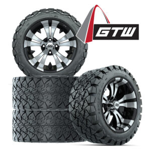 Set of four 22" tall golf cart wheels and tires - GTW Vampire Black/Machined 14" wheel mounted on 22x10R14 GTW Timberwolf A/T tires, Item #A19-416 with logo.