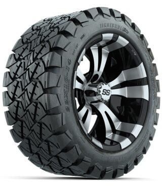 Angled view of 22" tall golf cart wheels and tires - GTW Vampire Black/Machined 14" wheel mounted on 22x10R14 GTW Timberwolf A/T tires, Item #A19-416.
