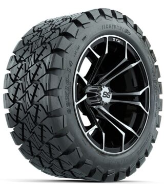 Angled view of the 14" Spyder black/machined golf cart wheel and tire combo by GTW, Item #A19-437.