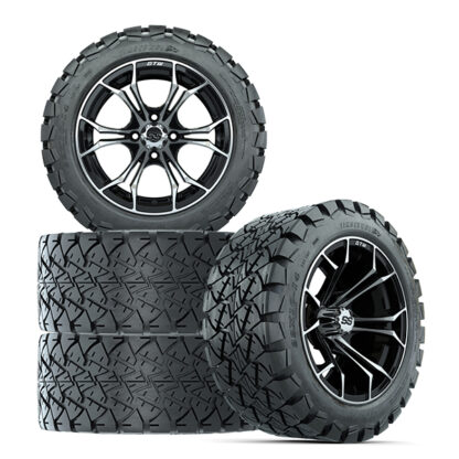 Set of 4 GTW Spyder black and machined finish golf cart wheel and Timberwolf 22x10-14 DOT all terrain tire, Item #A19-437.
