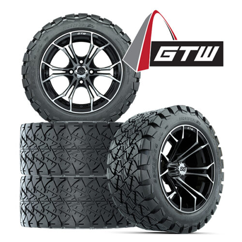 Set of 4 GTW Spyder black and machined finish golf cart wheel and Timberwolf 22x10-14 DOT all terrain tire, Item #A19-437 with GTW logo.