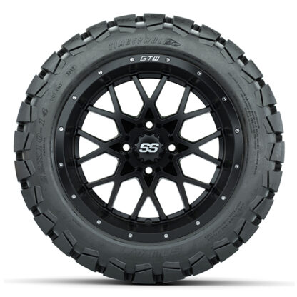 Sidewall view of the new GTW Vortex Matte Black 14" golf cart wheel paired with the GTW Timberwolf 22x10-14 all terrain DOT rated tire, combo Item #A19-438.