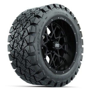 Vortex Matte Black Golf Cart 14" Wheels and 22x10-14 GTW Timberwolf Tires - Set of 4