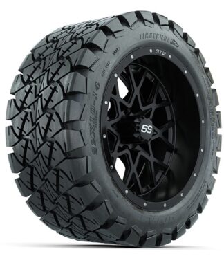 Angled view of the new GTW Vortex Matte Black 14" golf cart wheel paired with the GTW Timberwolf 22x10-14 all terrain DOT rated tire, combo Item #A19-438.
