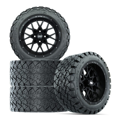 Save with a set of 4 22" tall golf cart wheels and tires - GTW Vortex Matte Black 14" wheel mounted on 22x10R14 GTW Timberwolf A/T tires, Item #A19-438.