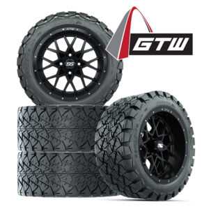 Save with a set of 4 22" tall golf cart wheels and tires - GTW Vortex Matte Black 14" wheel mounted on 22x10R14 GTW Timberwolf A/T tires, Item #A19-438 with GTW logo.