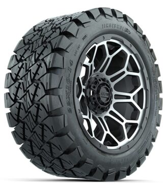 Angled view of GTW Bravo gray and machined finish golf cart wheel and Timberwolf 22x10-14 DOT all terrain tire, Item #A19-447.