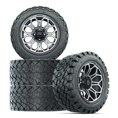 Set of 4 GTW Bravo gray and machined finish golf cart wheel and Timberwolf 22x10-14 DOT all terrain tire, Item #A19-447.