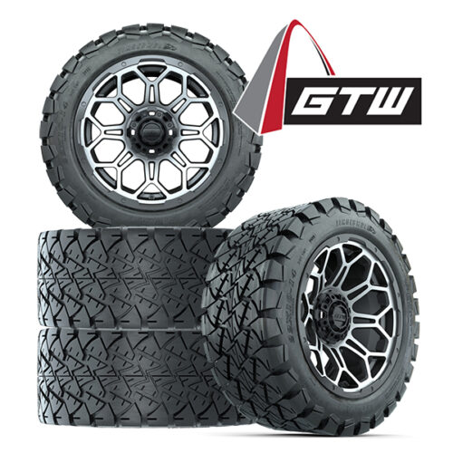 Set of 4 GTW Bravo gray and machined finish golf cart wheel and Timberwolf 22x10-14 DOT all terrain tire, Item #A19-447 with GTW logo.