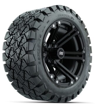 Angled view of the GTW Specter Matte Black 14" golf cart wheel paired with the GTW Timberwolf 22x10-14 all terrain DOT rated tire, combo Item #A19-451.