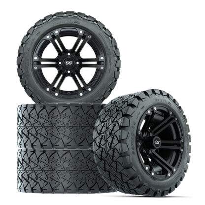 Save money with a set of 4 GTW Specter Matte Black 14" golf cart wheel paired with the GTW Timberwolf 22x10-14 all terrain DOT rated tire, combo Item #A19-451.