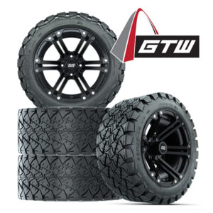 Save money with a set of 4 GTW Specter Matte Black 14" golf cart wheel paired with the GTW Timberwolf 22x10-14 all terrain DOT rated tire, combo Item #A19-451 with GTW logo.