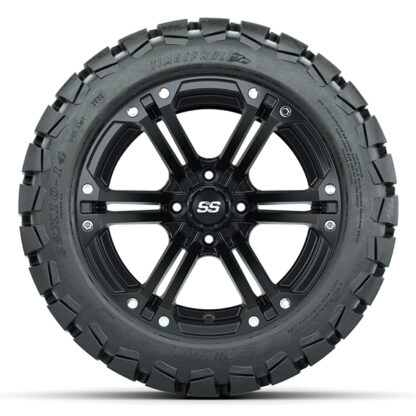 Sidewall view of the GTW Specter Matte Black 14" golf cart wheel paired with the GTW Timberwolf 22x10-14 all terrain DOT rated tire, combo Item #A19-451.