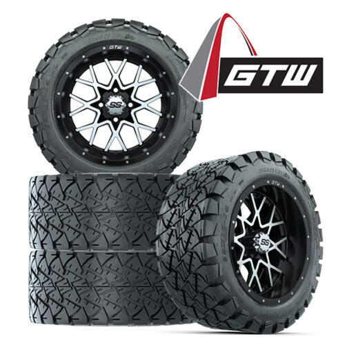 Save with a set of 4 22" tall golf cart wheels and tires - GTW Vortex Machined Black 14" wheel mounted on 22x10R14 GTW Timberwolf A/T tires, Item #A19-452 with GTW logo.