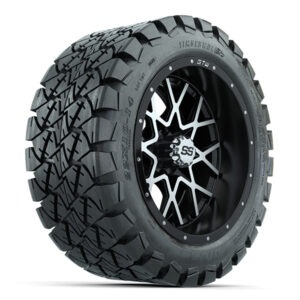 Vortex Black/Machined Golf Cart 14" Wheels and 22x10-14 GTW Timberwolf Tires - Set of 4