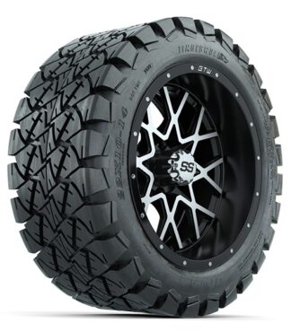 Angled view of GTW Vortex 14" Black and Machined aluminum golf cart wheel paired with the GTW Timberwolf 22x10-14 DOT tire, Item #A19-452.