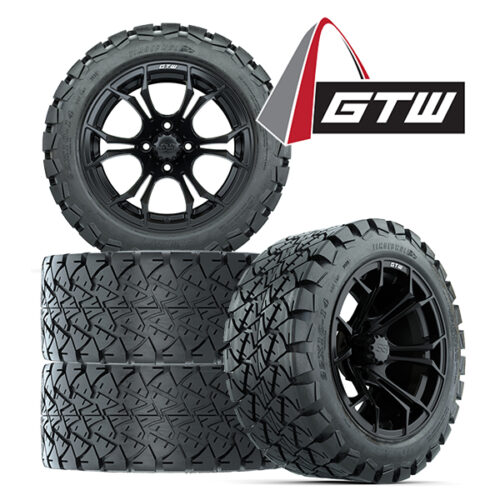 Save money by buying a set of 4 Spyder 14" matte black golf cart wheels paired with 22" tall GTW Timberwolf tires - with GTW logo.