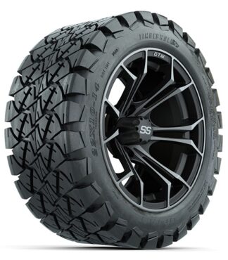 Angled view of the 14" Spyder Matte Gunmetal Gray golf cart wheel with mounted 22x10-14 GTW Timberwolf A/T tire, Item #A19-489.