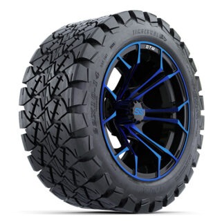 Angled view of the 14" Spyder Blue and Black golf cart wheel with mounted 22x10-14 GTW Timberwolf A/T tire, Item #A19-506.