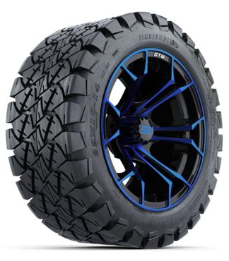 Angled view of the 14" Spyder Blue and Black golf cart wheel with mounted 22x10-14 GTW Timberwolf A/T tire, Item #A19-506.