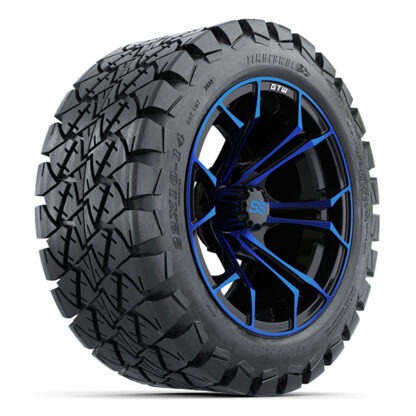 Angled view of the 14" Spyder Blue and Black golf cart wheel with mounted 22x10-14 GTW Timberwolf A/T tire, Item #A19-506.