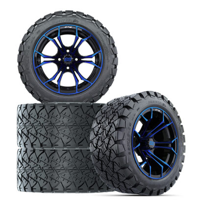 Save money with a set of four 14" Spyder Blue and Black golf cart wheel with mounted 22x10-14 GTW Timberwolf A/T tire, Item #A19-506.