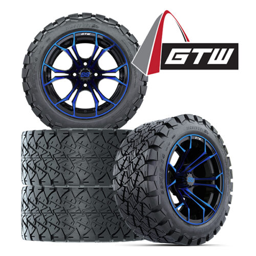 Save money with a set of four 14" Spyder Blue and Black golf cart wheel with mounted 22x10-14 GTW Timberwolf A/T tire, Item #A19-506 with logo.