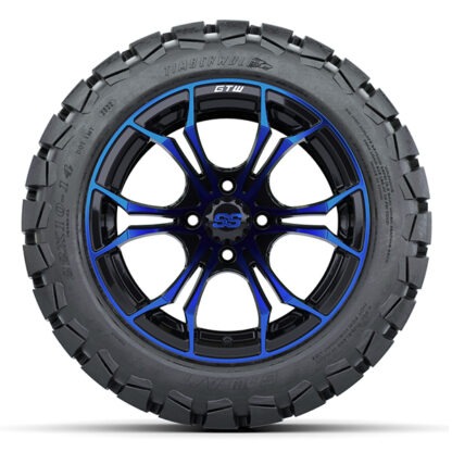 Sidewall view of the 14" Spyder Blue and Black golf cart wheel with mounted 22x10-14 GTW Timberwolf A/T tire, Item #A19-506.
