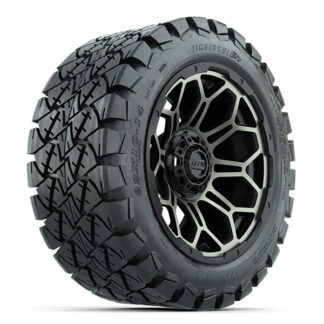 Angled view of GTW Bravo bronze and gloss black wheel and Timberwolf 22x10-14 DOT all terrain tire, Item #A19-527.