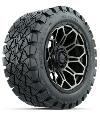 Angled view of GTW Bravo bronze and gloss black wheel and Timberwolf 22x10-14 DOT all terrain tire, Item #A19-527.