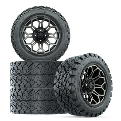 Buy a set of 4 and save money on 14" GTW Bravo bronze and gloss black golf cart wheels paired with 22x10-14 Timberwolf all terrain DOT tires, Item #A19-527.
