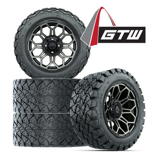 Buy a set of 4 and save money on 14" GTW Bravo bronze and gloss black golf cart wheels paired with 22x10-14 Timberwolf all terrain DOT tires, Item #A19-527 - with logo.