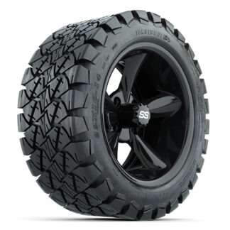 Angled view of GTW Godfather gloss black wheel and Timberwolf 22x10-14 DOT all terrain tire, Item #A19-528.