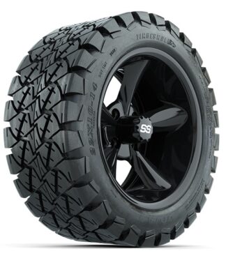 Angled view of GTW Godfather gloss black wheel and Timberwolf 22x10-14 DOT all terrain tire, Item #A19-528.