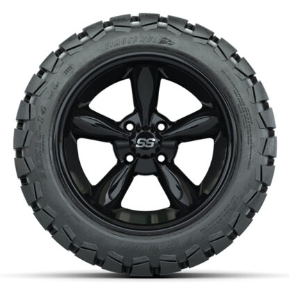 Sidewall view of GTW Godfather gloss black wheel and Timberwolf 22x10-14 DOT all terrain tire, Item #A19-528.