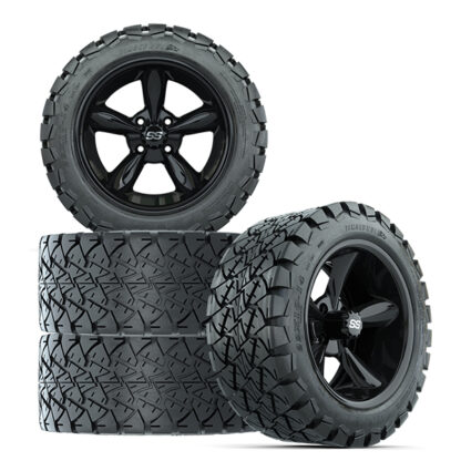 Buy a set of 4 and save money on 14" Godfather gloss black golf cart wheels paired with 22x10-14 Timberwolf all terrain DOT tires, Item #A19-528.
