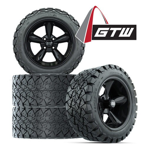 Buy a set of 4 and save money on 14" Godfather gloss black golf cart wheels paired with 22x10-14 Timberwolf all terrain DOT tires, Item #A19-528 - with logo.