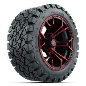 14" Spyder Red/Black Golf Cart Wheels and 22x10-14 GTW Timberwolf Tires - Set of 4