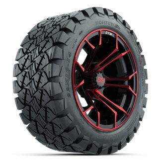 Angled view of the 14" Spyder Red and Black golf cart wheel with mounted 22x10-14 GTW Timberwolf A/T tire, Item #A19-569.
