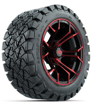 Angled view of the 14" Spyder Red and Black golf cart wheel with mounted 22x10-14 GTW Timberwolf A/T tire, Item #A19-569.