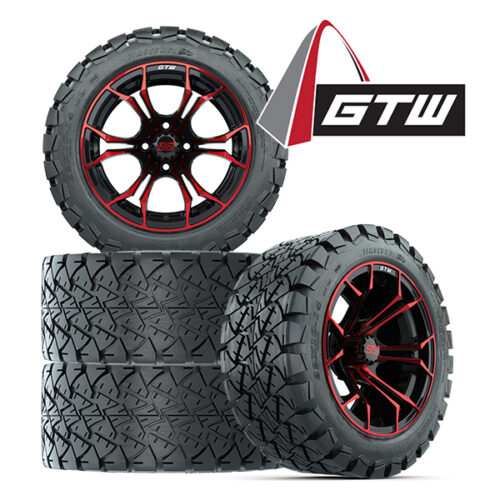 Save money with a set of four 14" Spyder Red and Black golf cart wheel with mounted 22x10-14 GTW Timberwolf A/T tire, Item #A19-569 with logo.