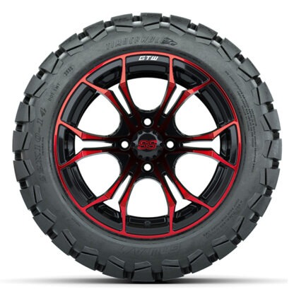 Side profile view of the 14" Spyder Red and Black golf cart wheel with mounted 22x10-14 GTW Timberwolf A/T tire, Item #A19-569.